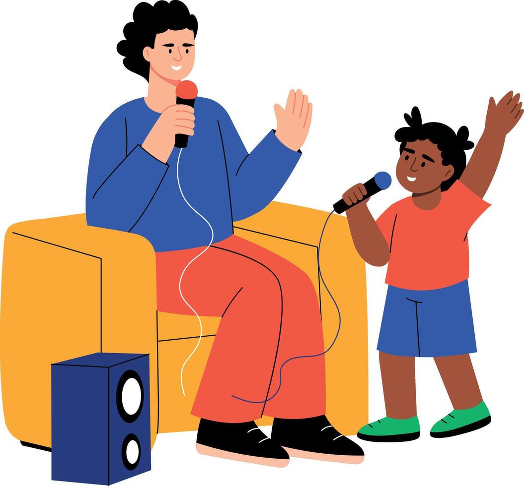 A flat style illustration showing a kid enjoying karaoke with father vector