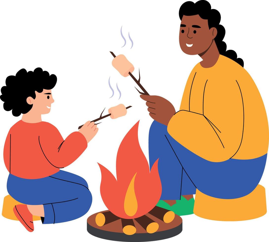 A flat style illustration showing a kid and mother roasting marshmallow vector