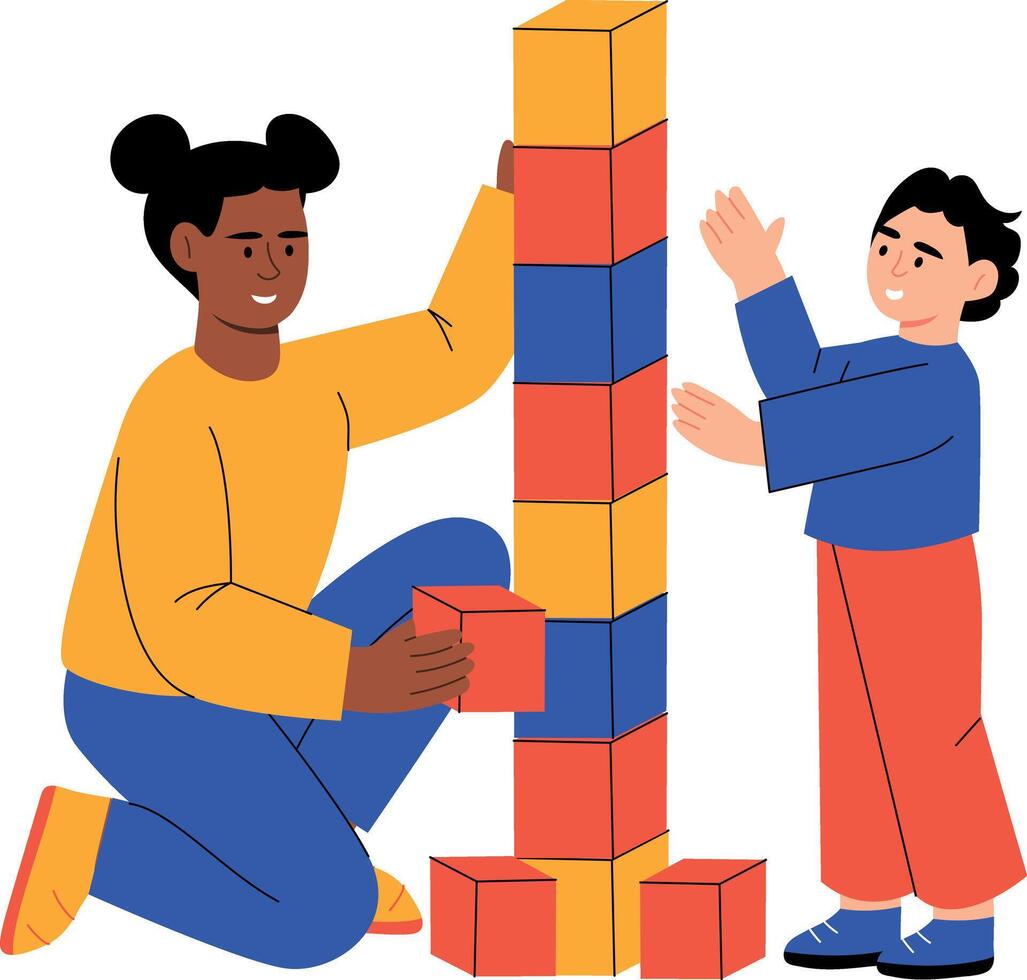 A flat style illustration showing a child building blocks vector