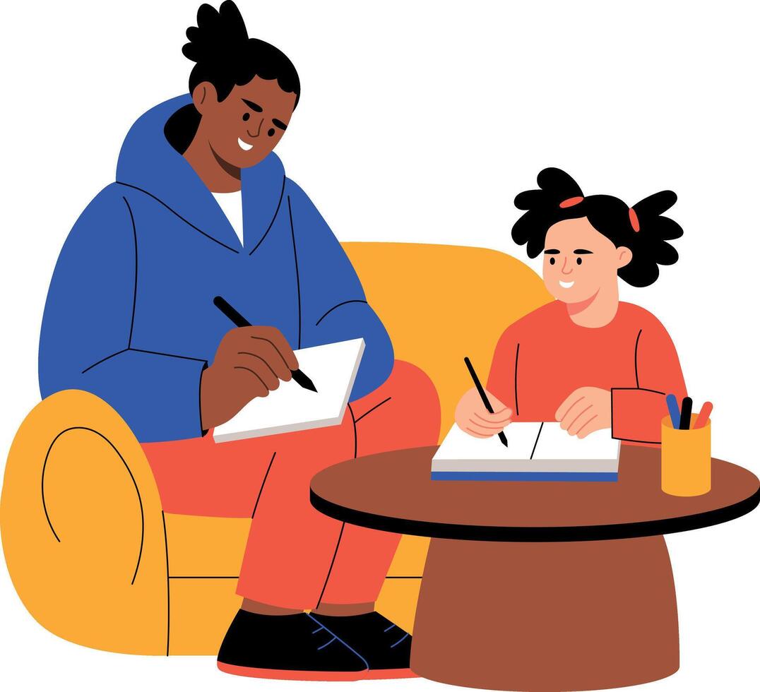 A flat style illustration showing sibling doing study help vector