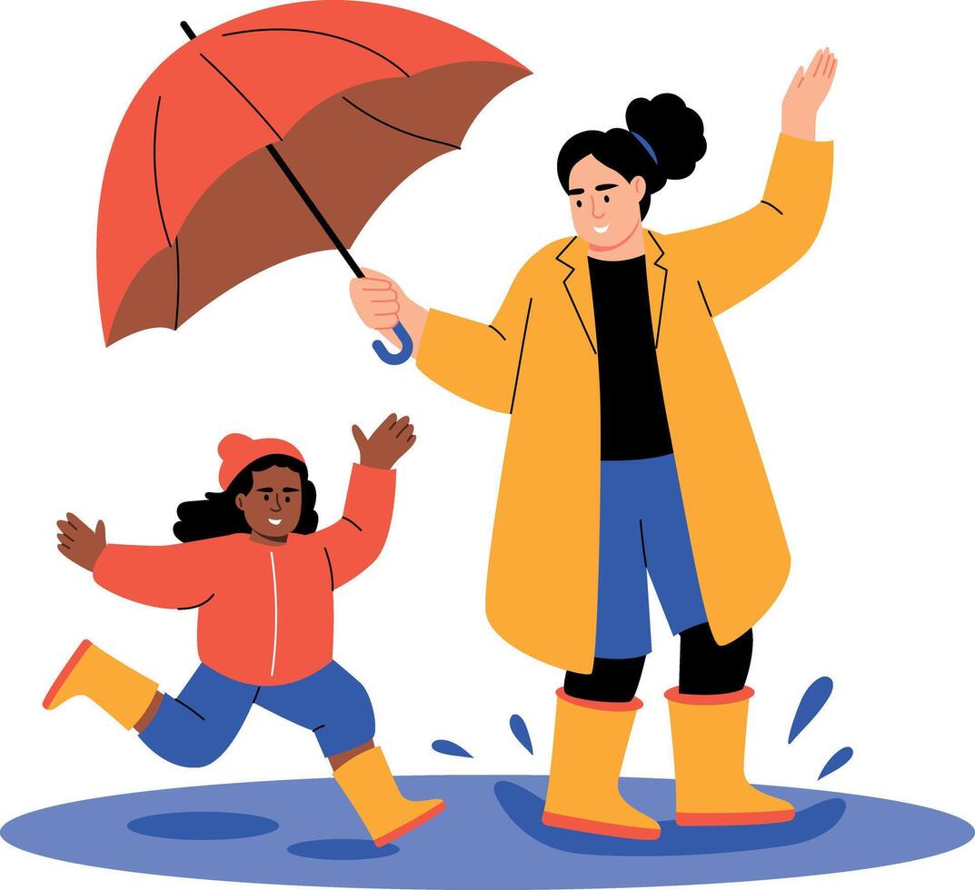 A flat style illustration showing kid splashing puddle vector