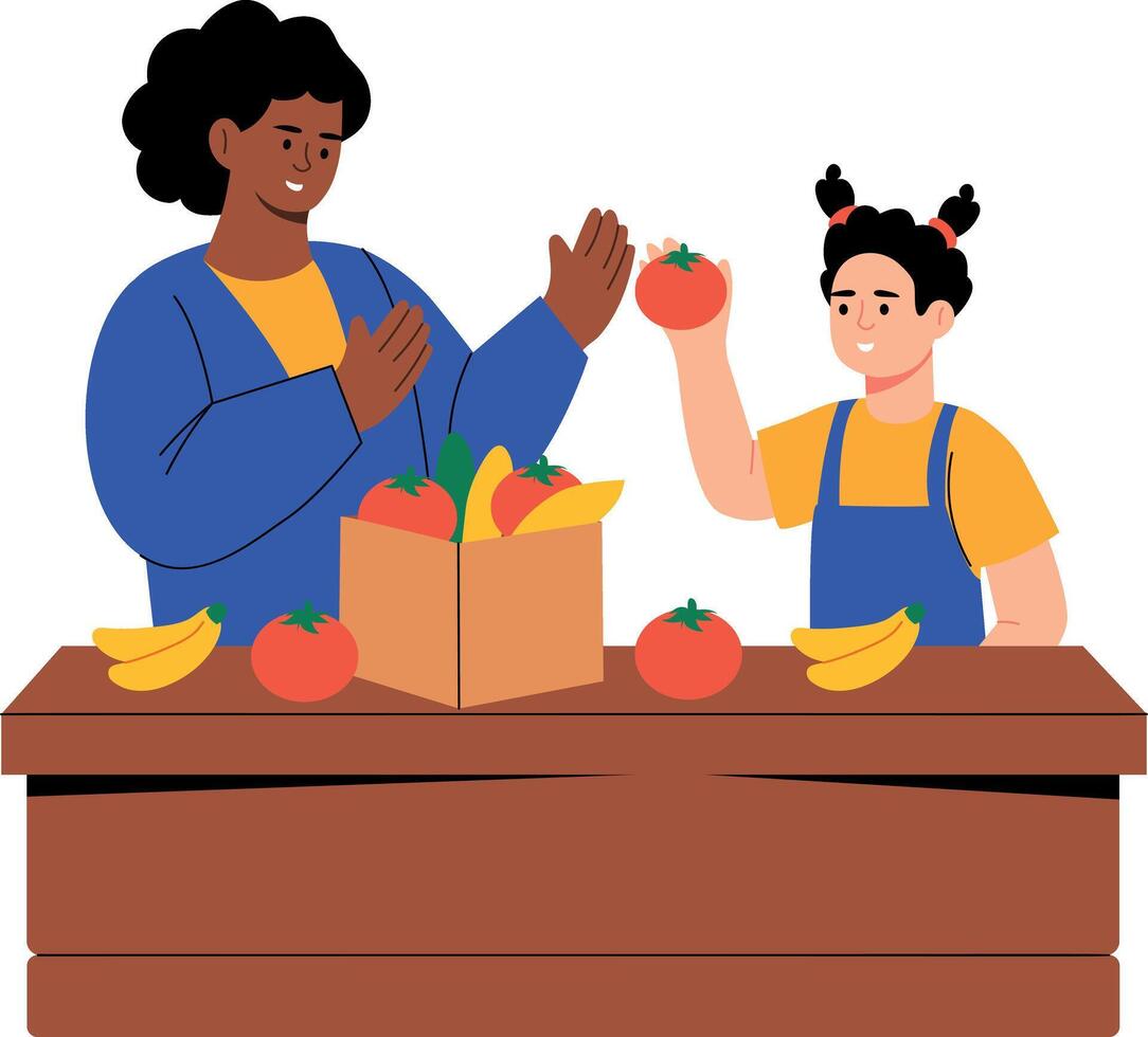A flat style illustration showing kid helping grocery arranging vector