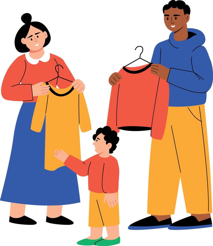 A flat style illustration showing parents choosing clothes for kid vector