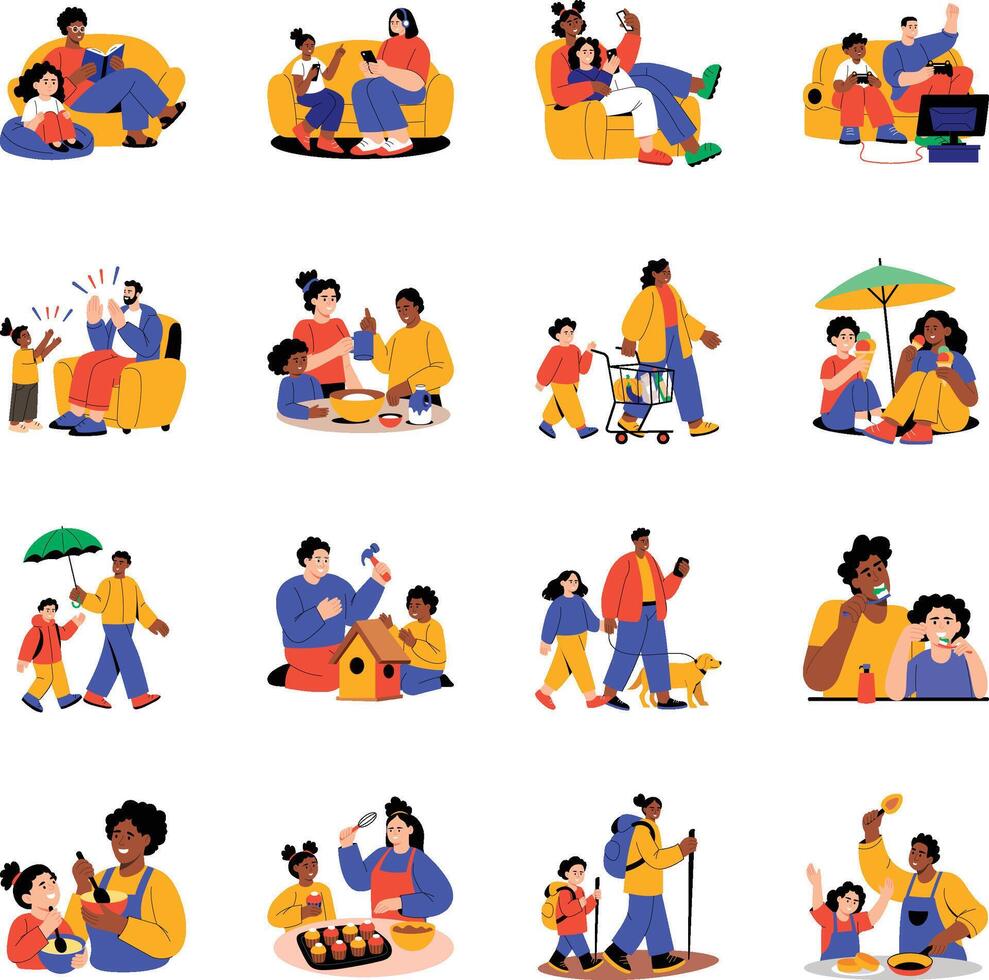 Collection of Family Bonding Flat Style Illustrations vector