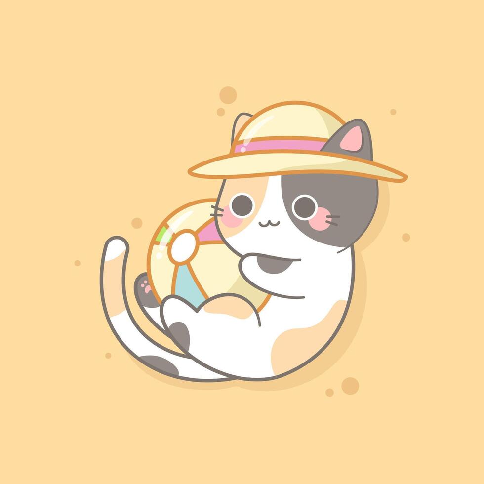 cute calico cat playing ball in the beach summer vector