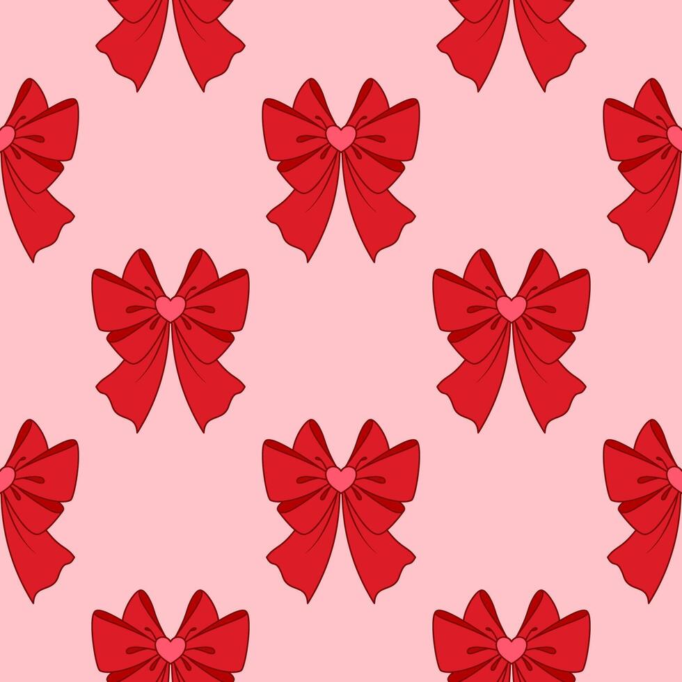 Seamless pattern with red bows on pink background. Repeat design with ribbons wallpaper. vector