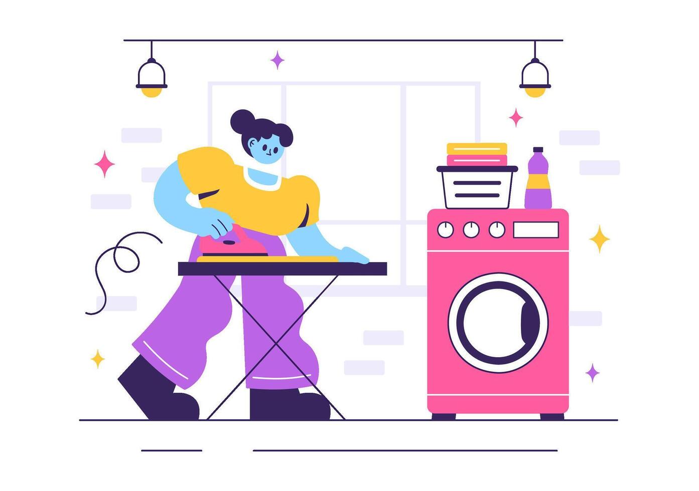 Dirty Clothes in a Basket with Washing and Drying Machines in a Flat Cartoon Laundry Room Illustration vector