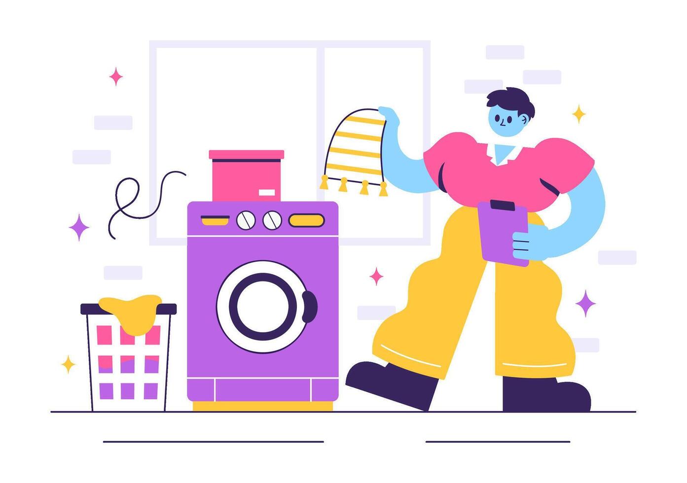 Flat Style Cartoon Illustration of a Modern Laundry Room with Washing Machines and Dirty Clothes vector