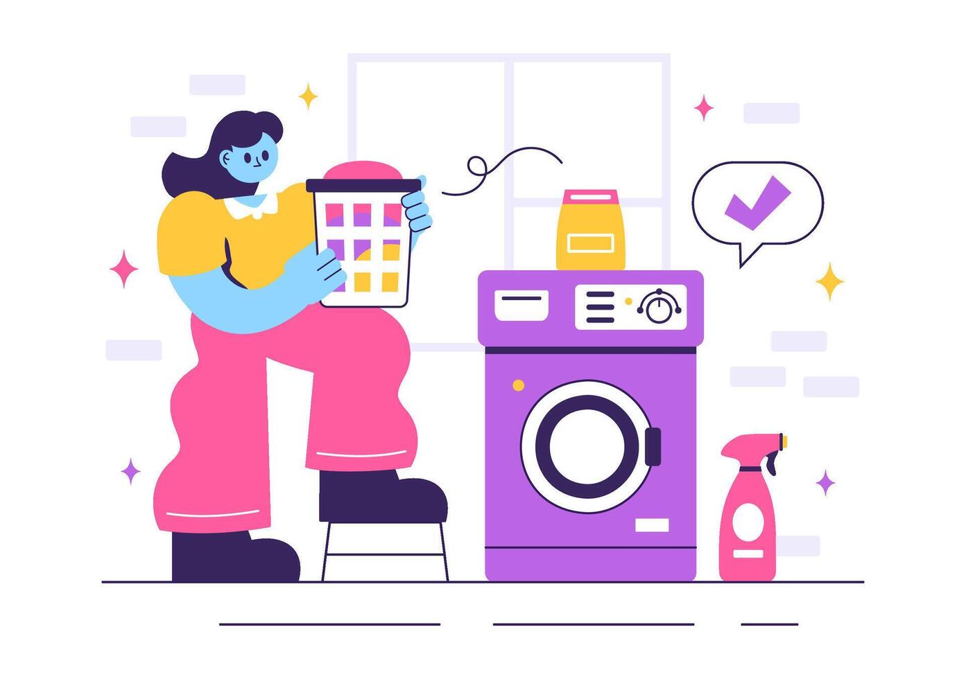 Illustration of a Laundry Room with Washing Machine, Dryer, and a Dirty Clothes Basket in Flat Cartoon Style vector