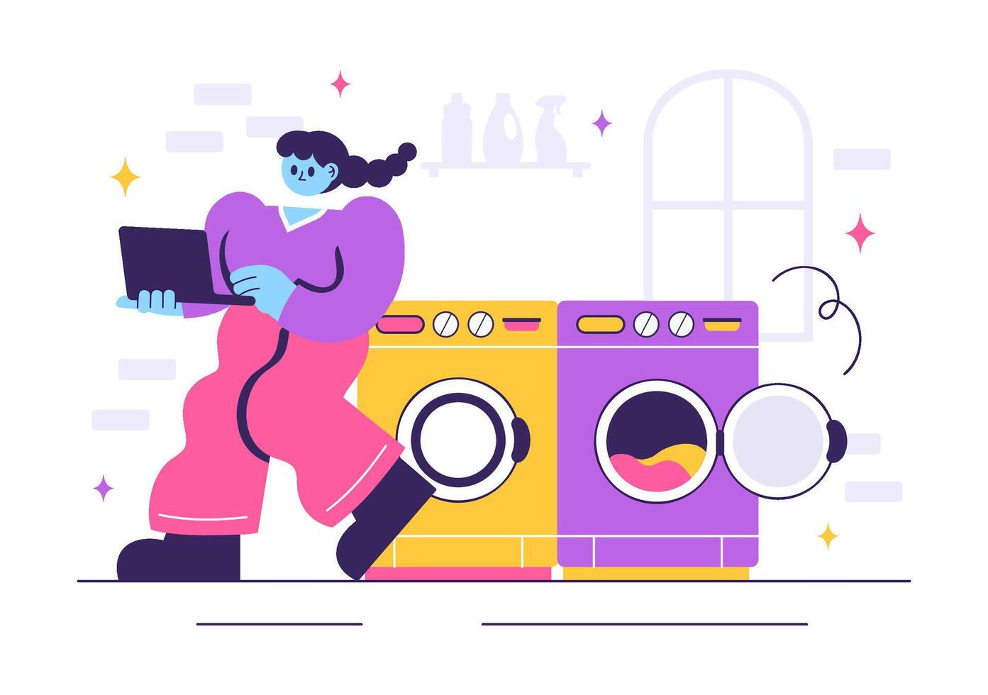 Cartoon of a Home Laundry Room with Clothes to Wash and Drying Machines vector