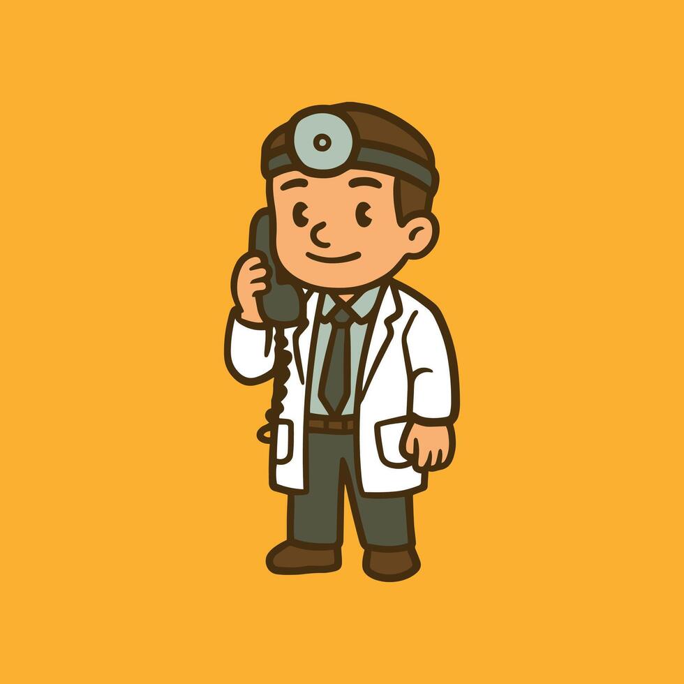Hand drawn doctor character on telephone vector