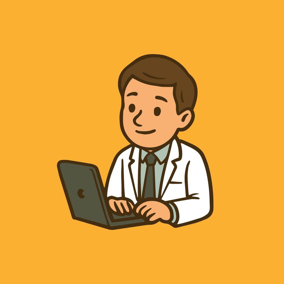 Hand drawn doctor character on a laptop vector