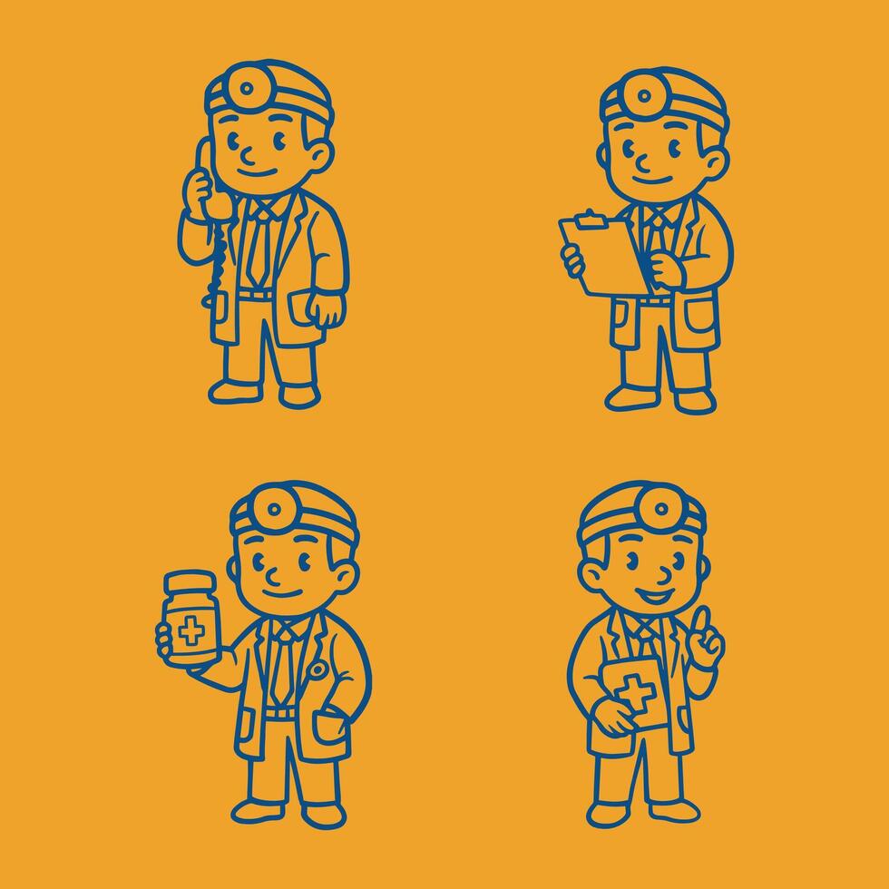 Hand drawn doctor character outline bundle, on phone, reading, holding medicine, teacing vector