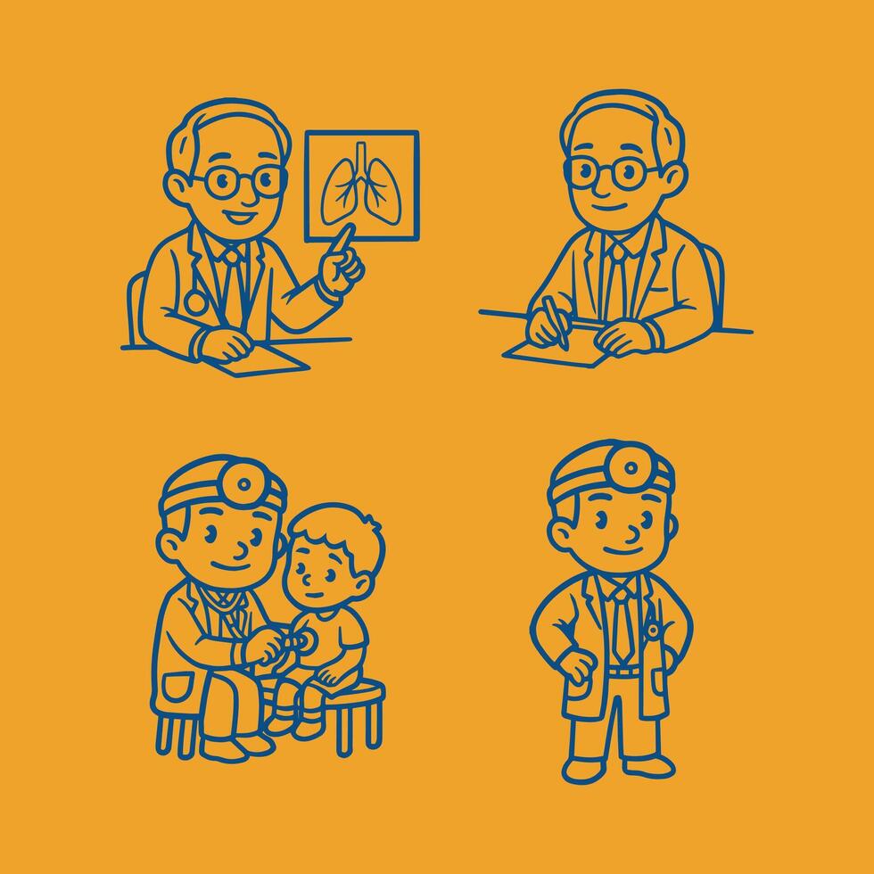 Hand drawn doctor character outline bundle teacing, writing, check up and standing pose vector