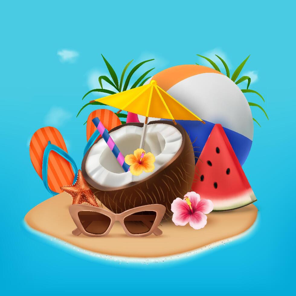 Realistic Summer Illustration with Beach Items vector
