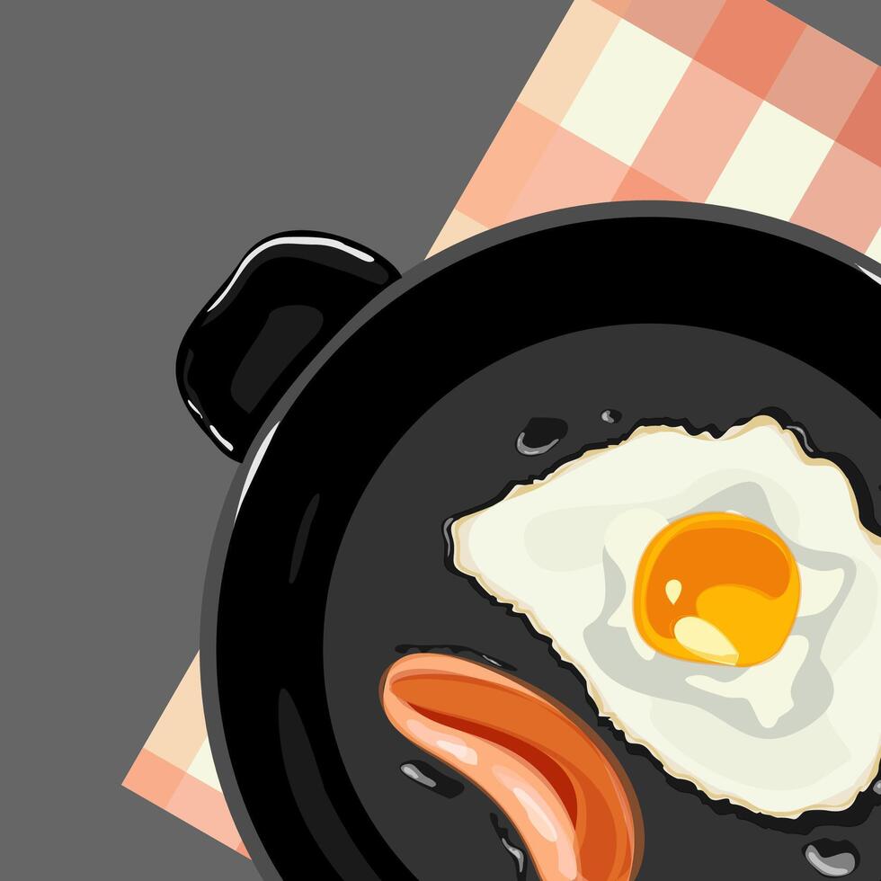 Fried egg with sausage ia a fryer pan on the tablcloth. Healthy breakfast concept vector