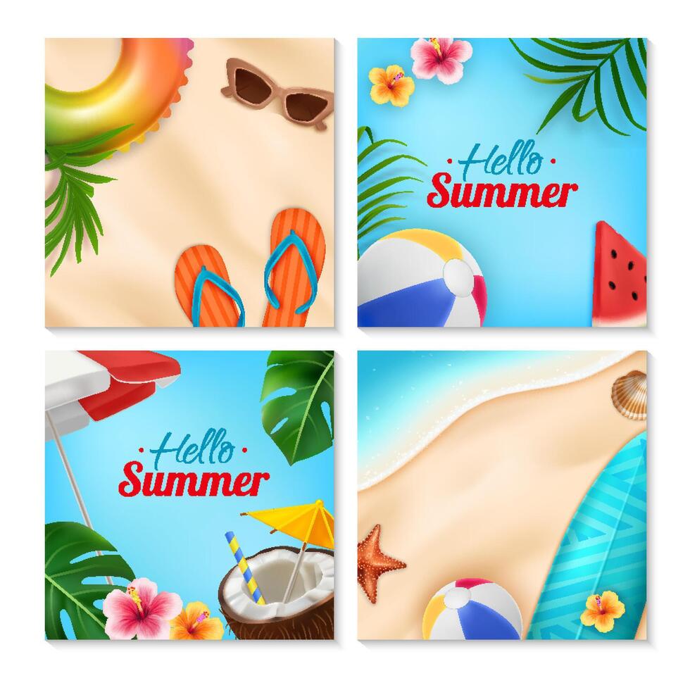Hello Summer Realistic Square Card Collection with Beach Elements vector