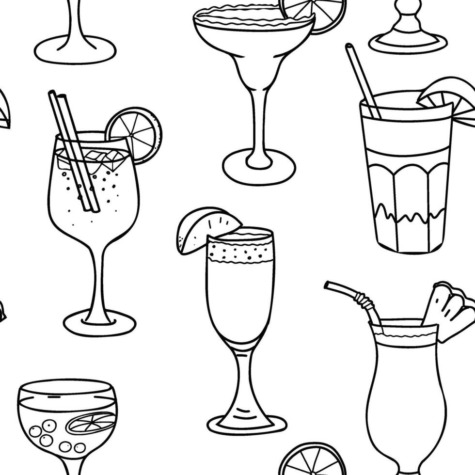 Cocktails graphic Seamless pattern. Aperol Spritz, Margarita, Bellini, Pina Colada and Tequila Sunrise. Hand drawn illustration in Doodle style. For restaurant menus and graphic design projects vector
