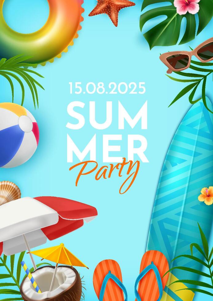 Realistic Summer Party Poster with Beach Elements vector