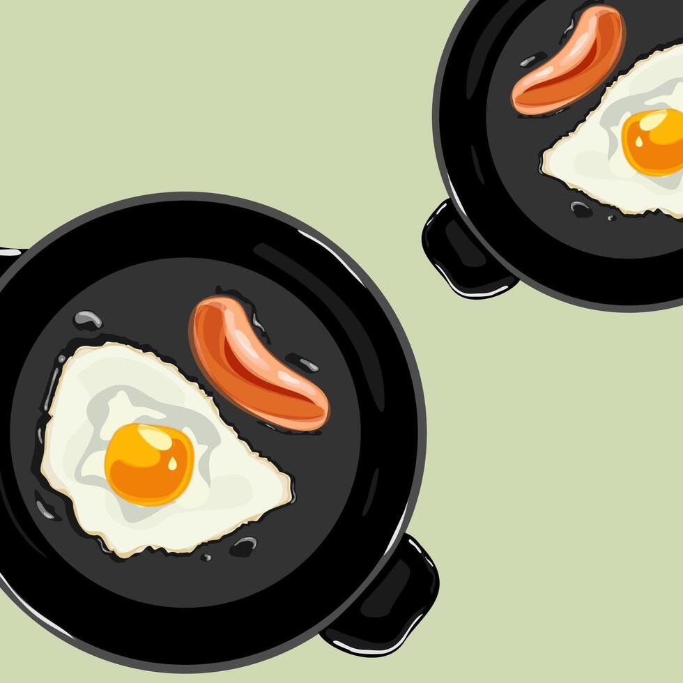 Fried egg with sausage ia a fryer pan. Healthy breakfast concept background vector