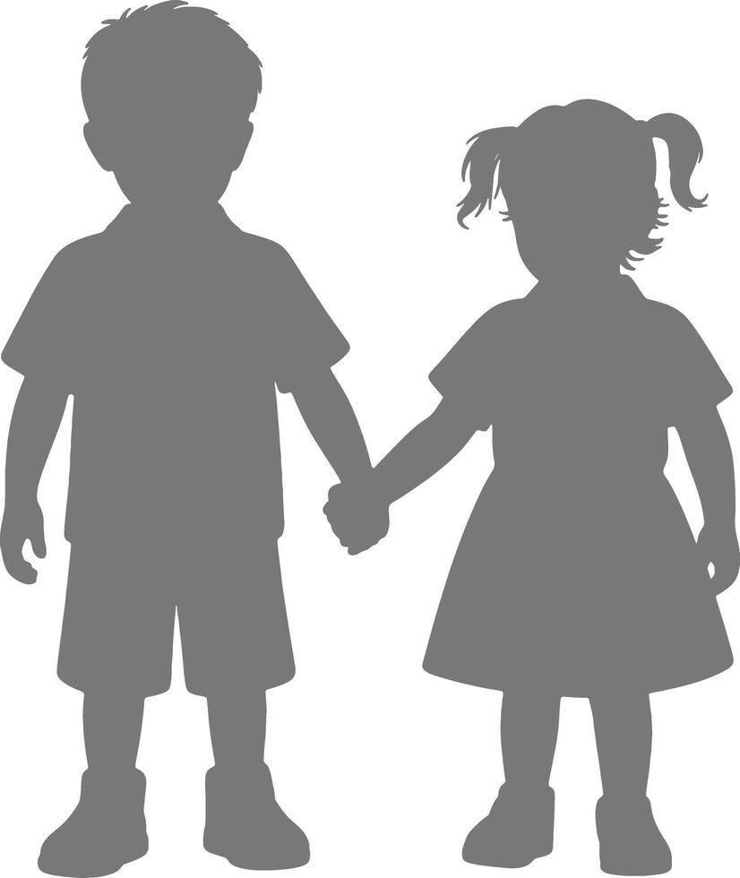 Gray Silhouette of Boy and Girl Holding Hands Simple Childrens Illustration Friendship Concept vector