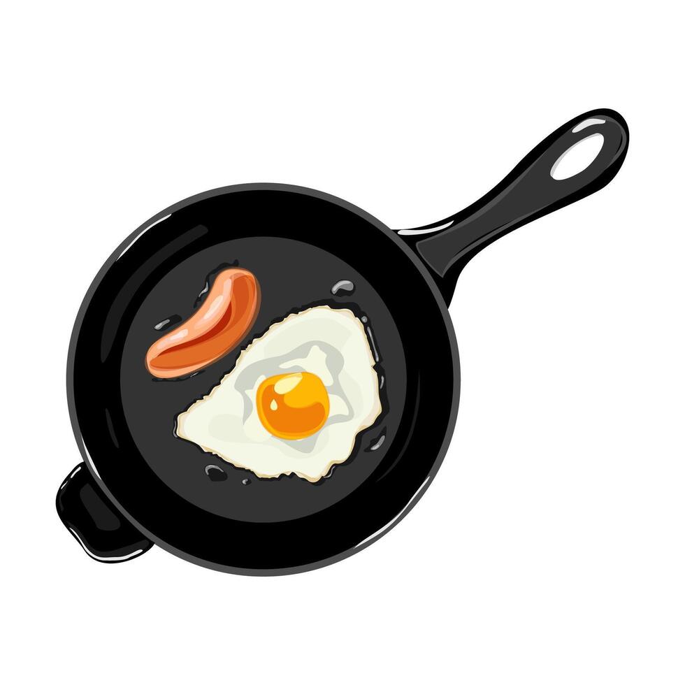 Fried egg with sausage ia a fryer pan. Healthy breakfast concept background. vector