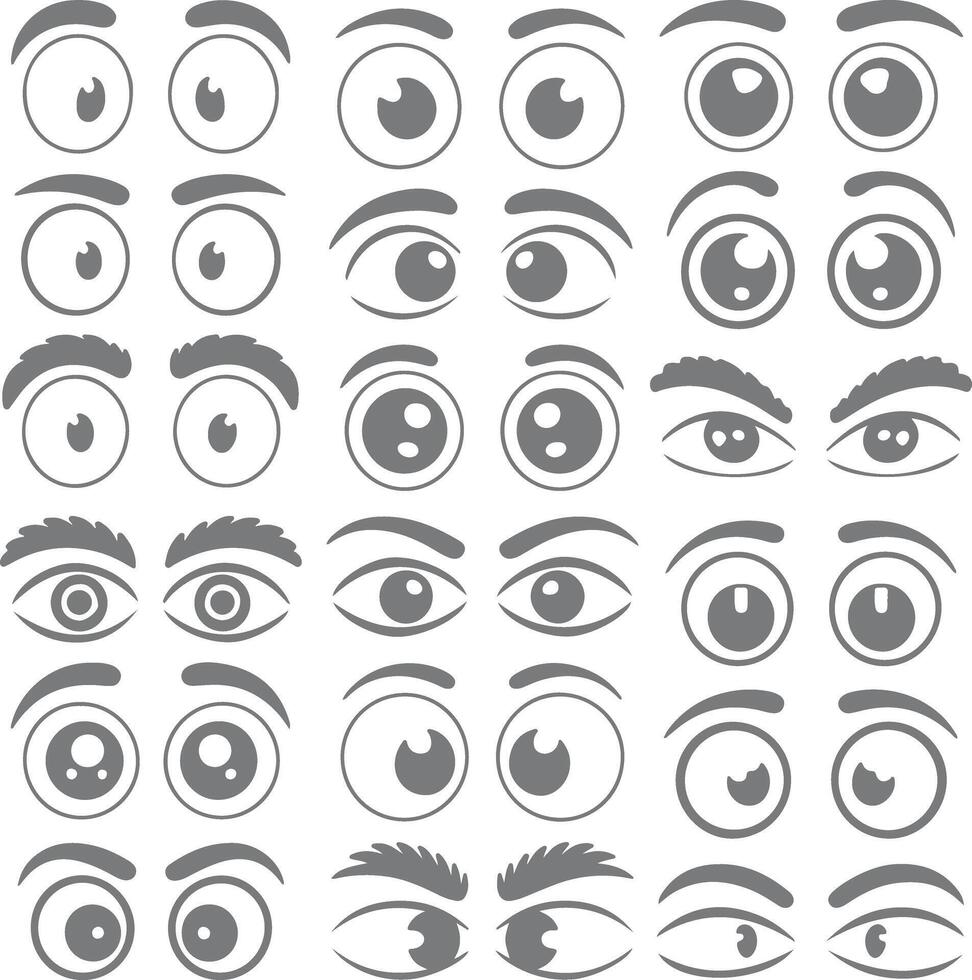 Collection of Gray Cartoon Eyes and Eyebrows Various Expressions Simple Silhouette Illustrations Set vector