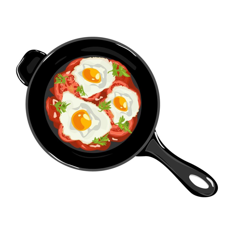 Fried egg with tomatoes and greens ia a fryer pan. Shakshuka. Healthy breakfast concept background vector