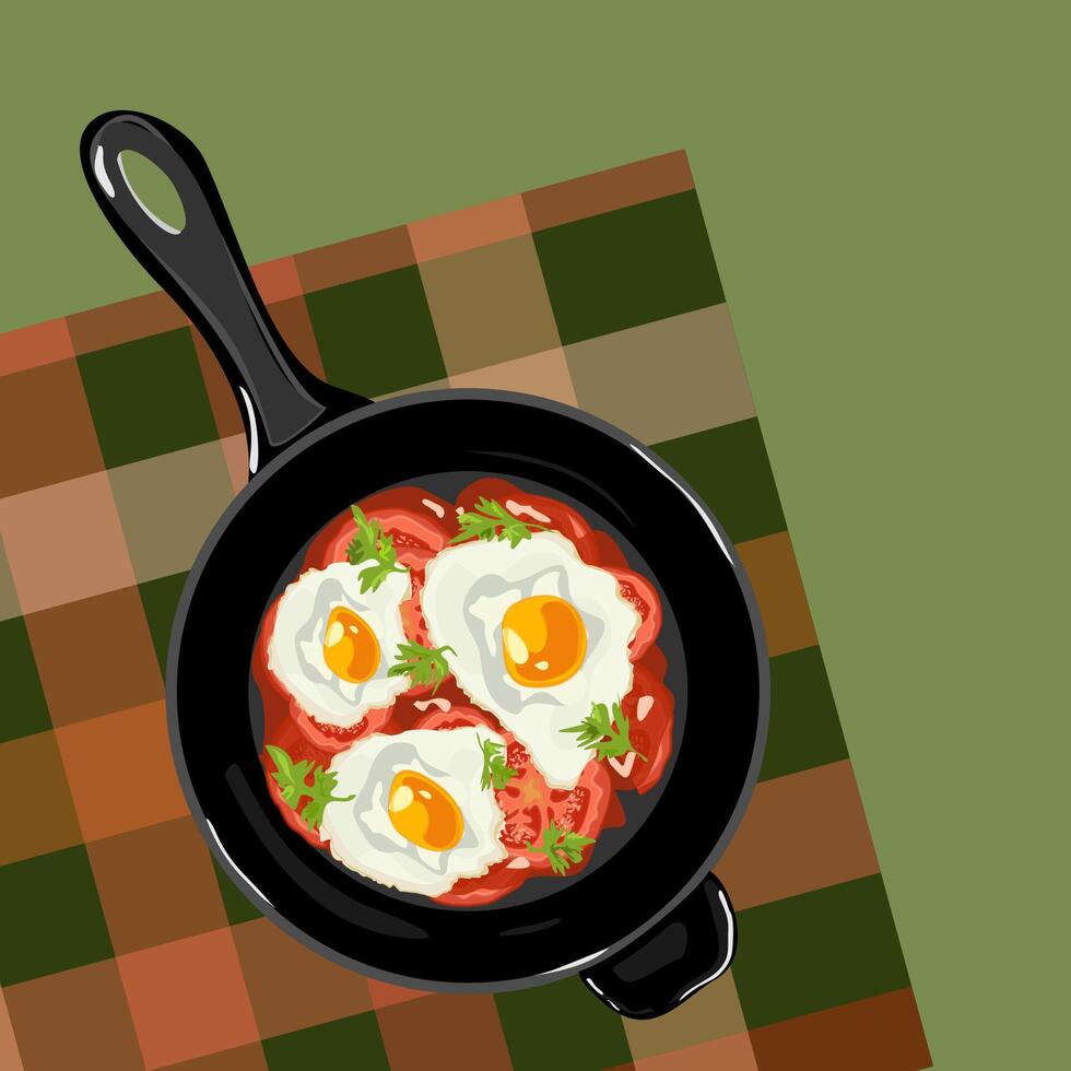 Fried egg with tomatoes and greens ia a fryer pan on the tablecloth. Shakshuka. Healthy breakfast concept background vector
