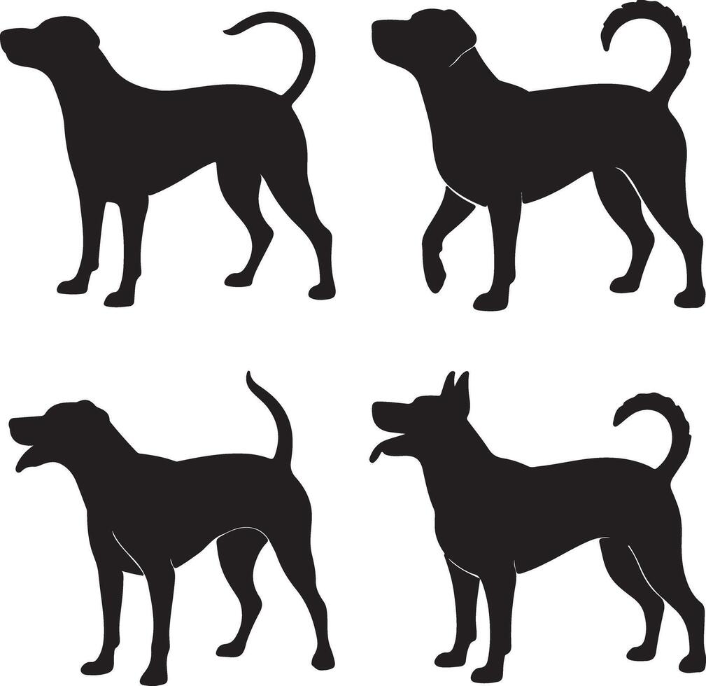 Four Black Dog Silhouettes Standing Profile Views Canine Breed Set Graphic Design Element vector