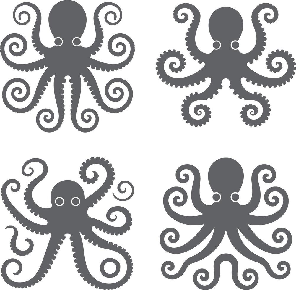 Four Gray Octopus Silhouettes with Swirling Tentacles on White Background Stylized Marine Life Graphic Design Elements vector