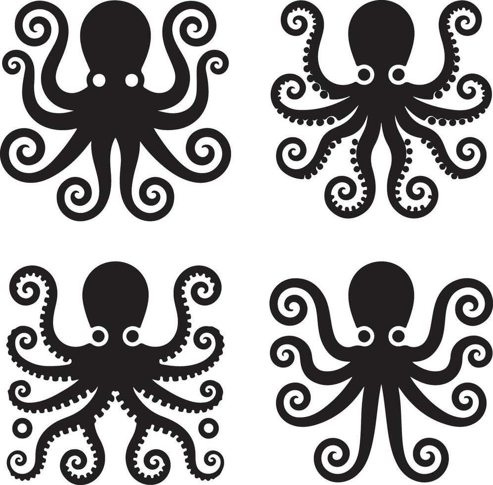 Four Black Octopus Silhouettes with Spiral Tentacles on White Background Stylized Marine Life Graphic Design Elements vector