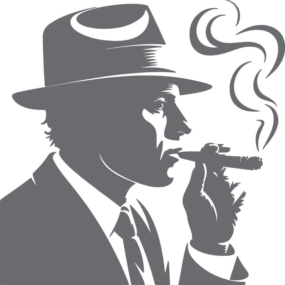 Gray Scale Silhouette of a Man in a Fedora Smoking a Cigar Smoke Curls Upward vector