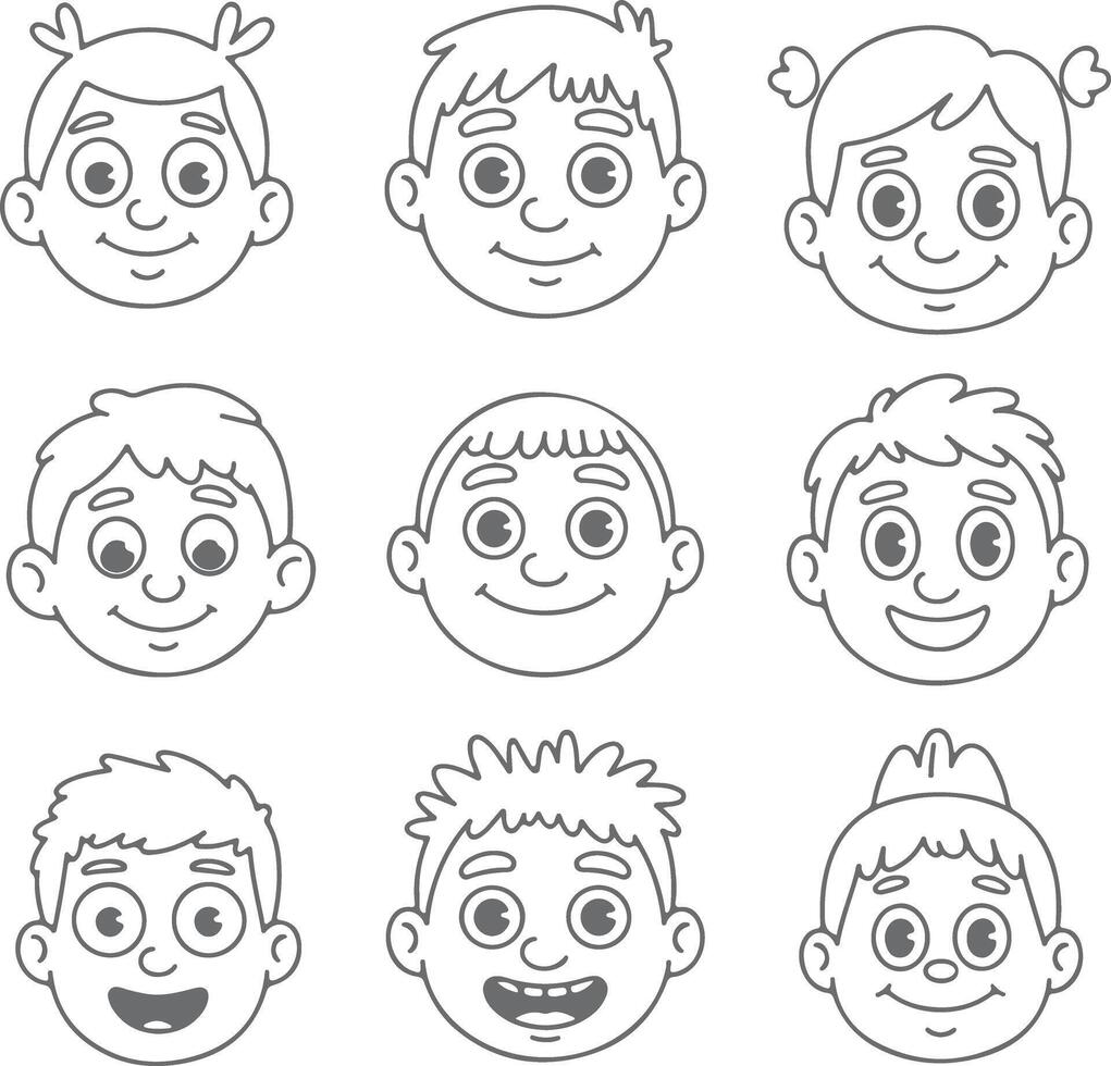 Nine Grey Silhouette Childrens Faces Smiling Expressions Cartoon Style Simple Line Art Headshots vector