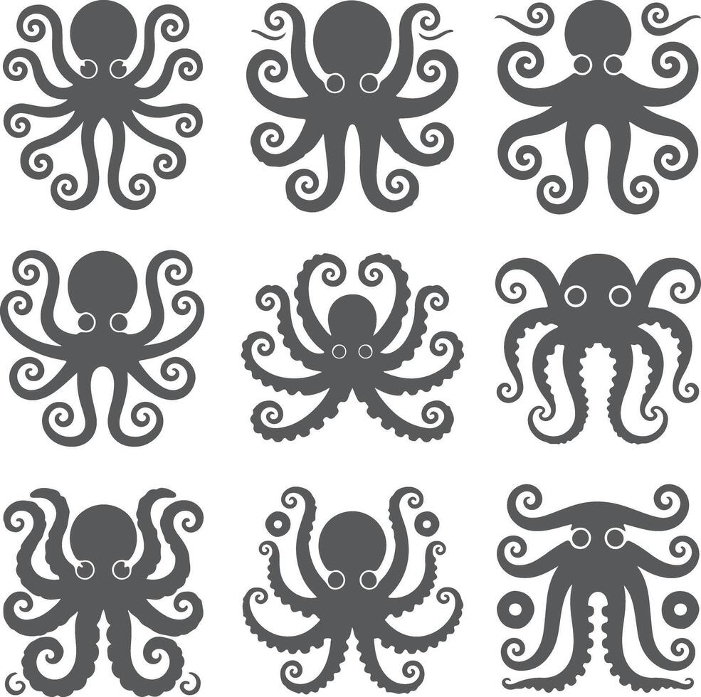Twelve Gray Octopus Silhouettes with Swirling Tentacles on White Background Collection of stylized cephalopod icons vector