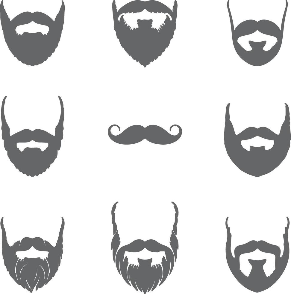 Nine Gray Beard and Mustache Silhouettes Collection Various Styles Men Facial Hair Icons Set Grey Color Isolated on White Background vector