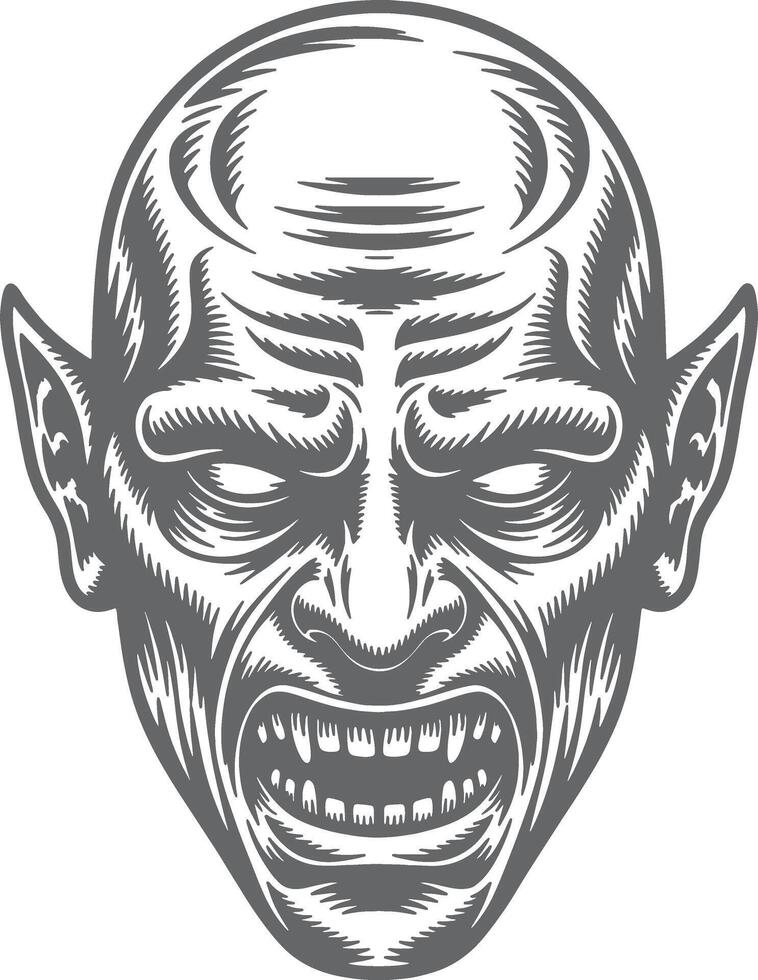 Grey Scale Silhouette Illustration of a Grotesque Monster Face with Pointed Ears and Fangs Showing a Grimace vector