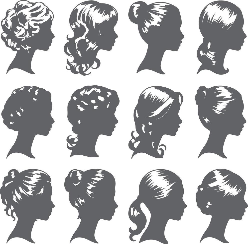 Twelve Gray Female Silhouette Portraits Profile Views Various Hairstyles Bun Ponytail Updo Side Part vector