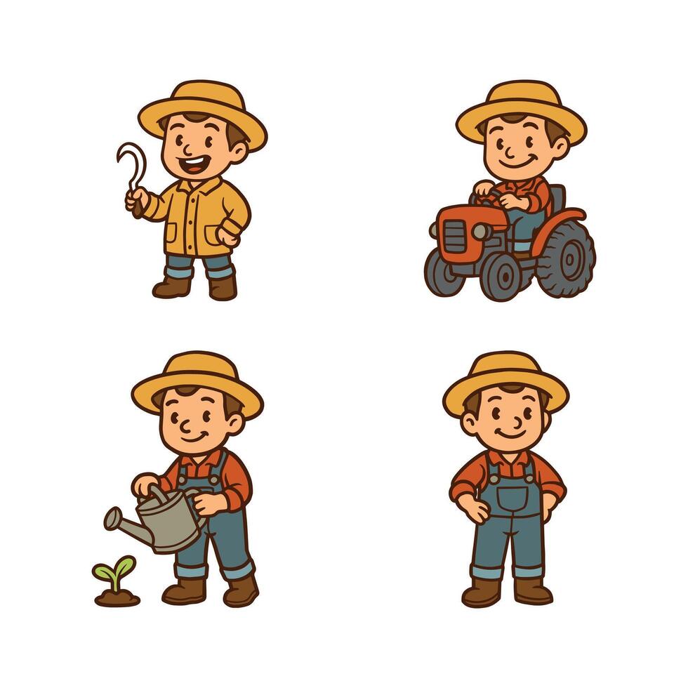 Hand drawn farmer character bundle, tractor, standing pose, pouring water vector