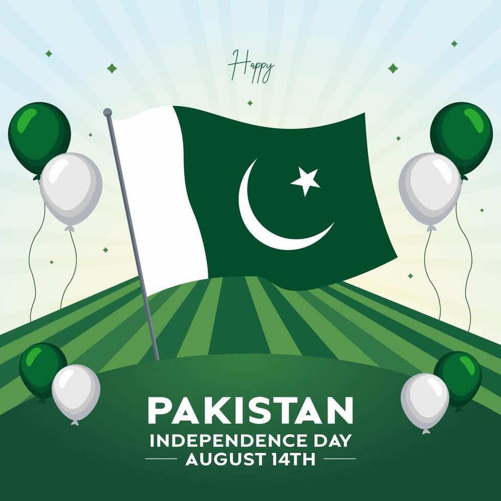 Happy Pakistan Independence Day August 14th with Pakistan waving flag baloon and field background vector