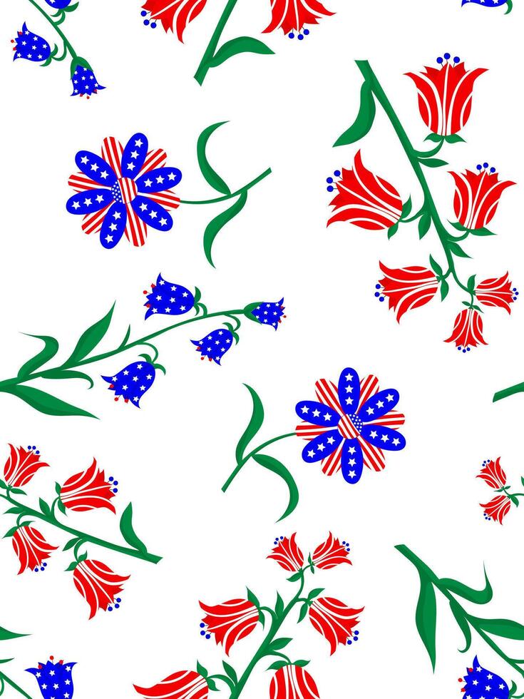 seamless pattern with abstract flowers and bells in usa flag colors for fourth of july celebration on white background vector