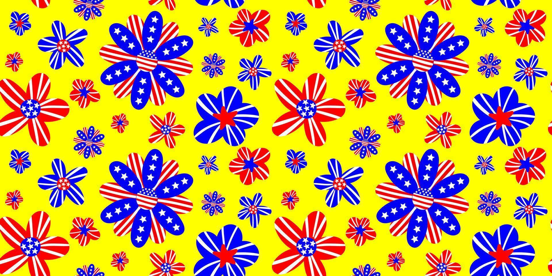 usa patriotic flower seamless pattern with american flag elements on vibrant yellow background, perfect for july 4th independence day, textile, wrapping, decor vector