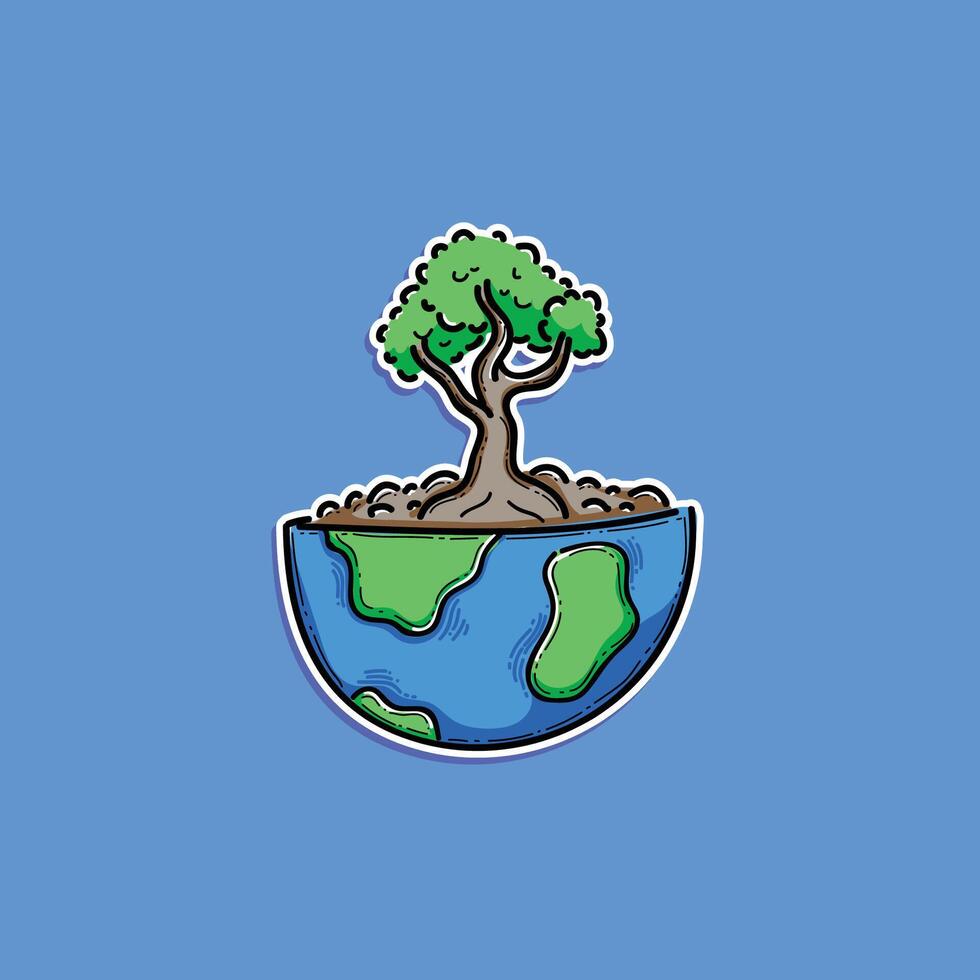 A vibrant illustration depicting a tree growing from an open globe, symbolizing sustainability and environmental care. vector