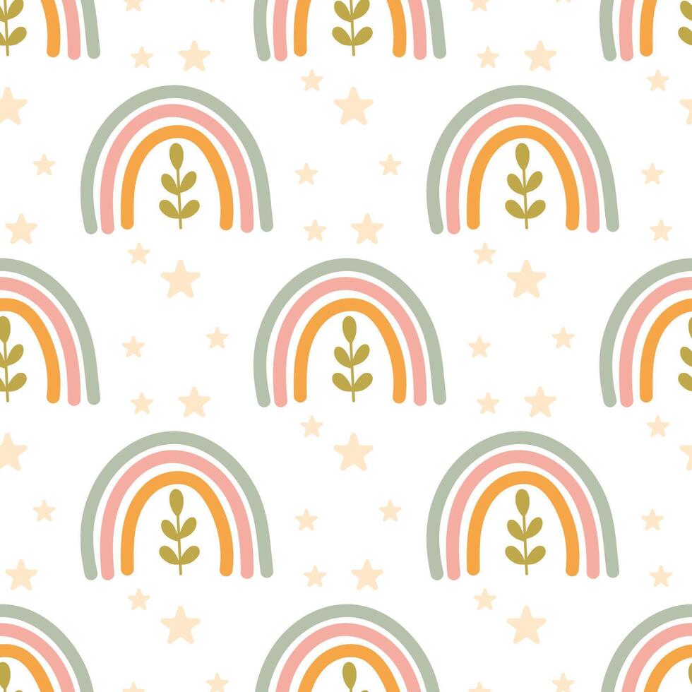 Seamless rainbow and plant pattern with stars vector