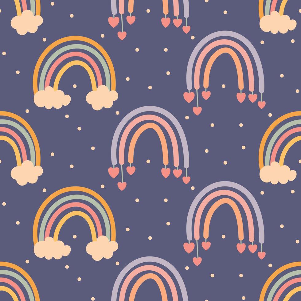 Dark seamless pattern with rainbows, hearts and clouds vector