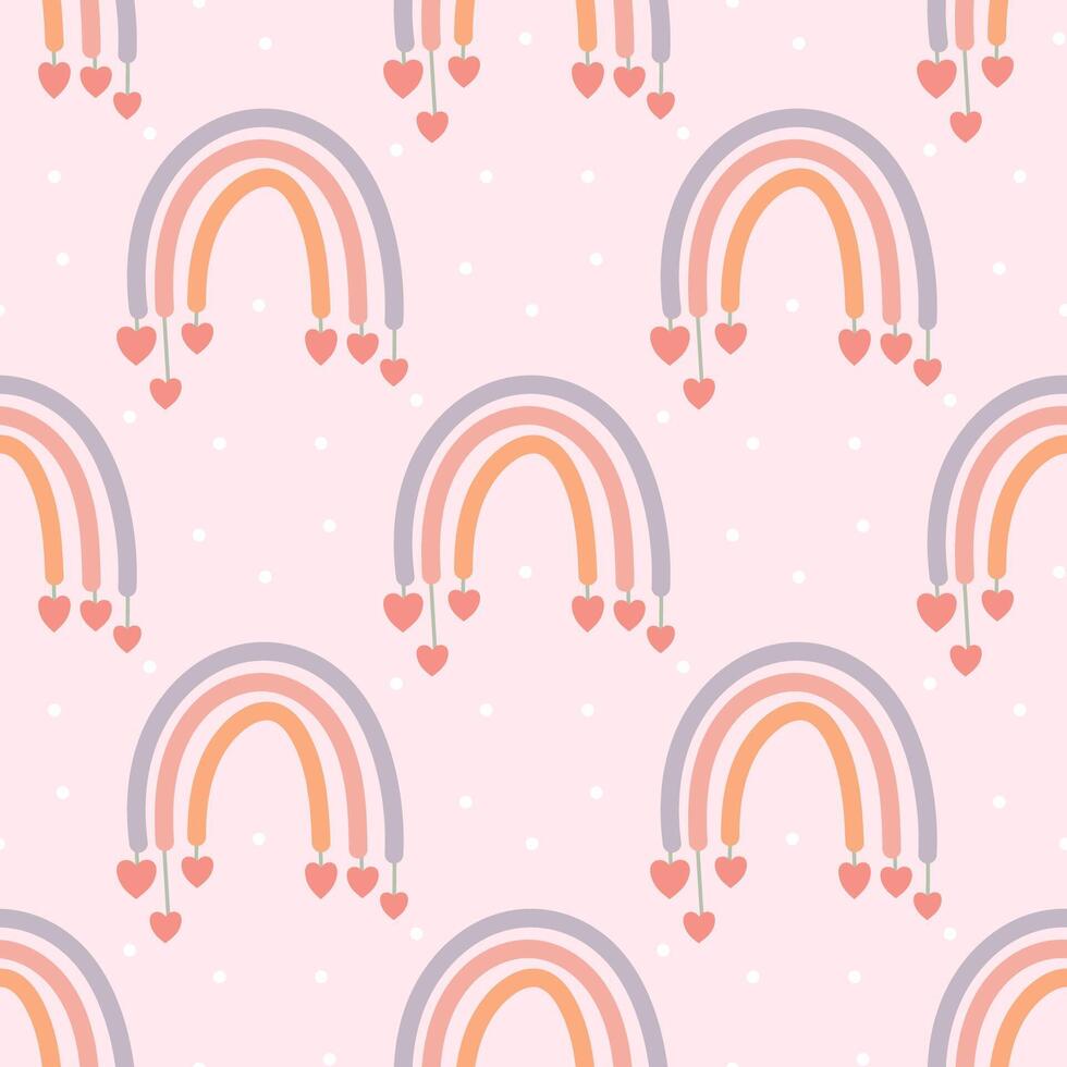 Seamless pattern with rainbows and dangling hearts vector