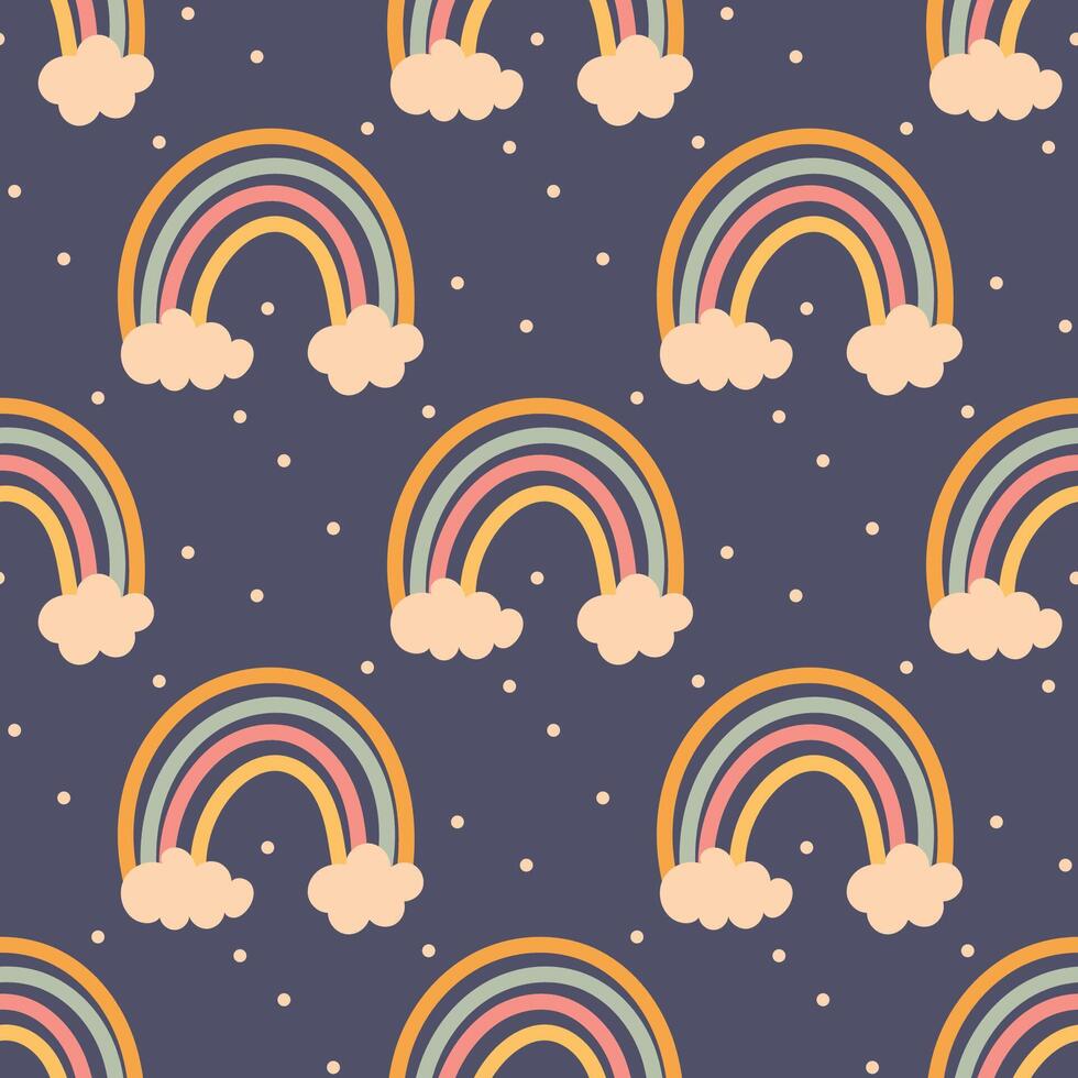 Seamless rainbow and cloud pattern on dark background vector