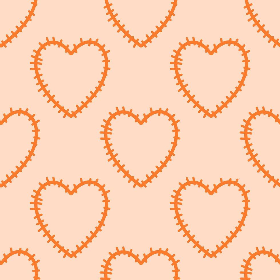 Seamless stitched heart pattern in warm orange vector