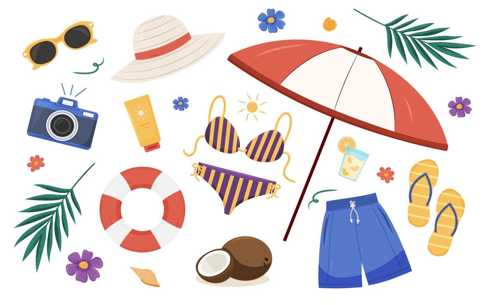 Summer beach set including swimwear, umbrella, and accessories in flat style on white background, vacation fun vector