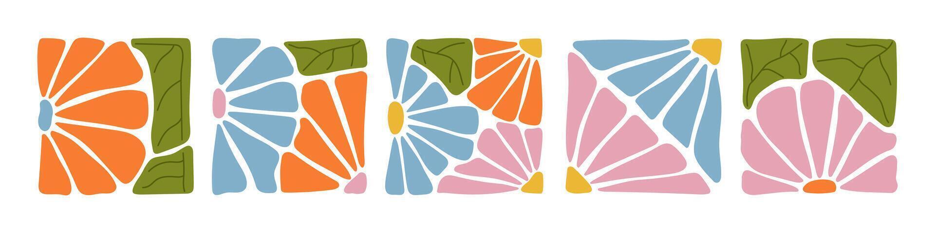 A collection of colorful abstract floral patterns in square frames. Hand-drawn botanical elements in modern boho style. Perfect for textile design, paper crafts, digital projects, and decoration. vector